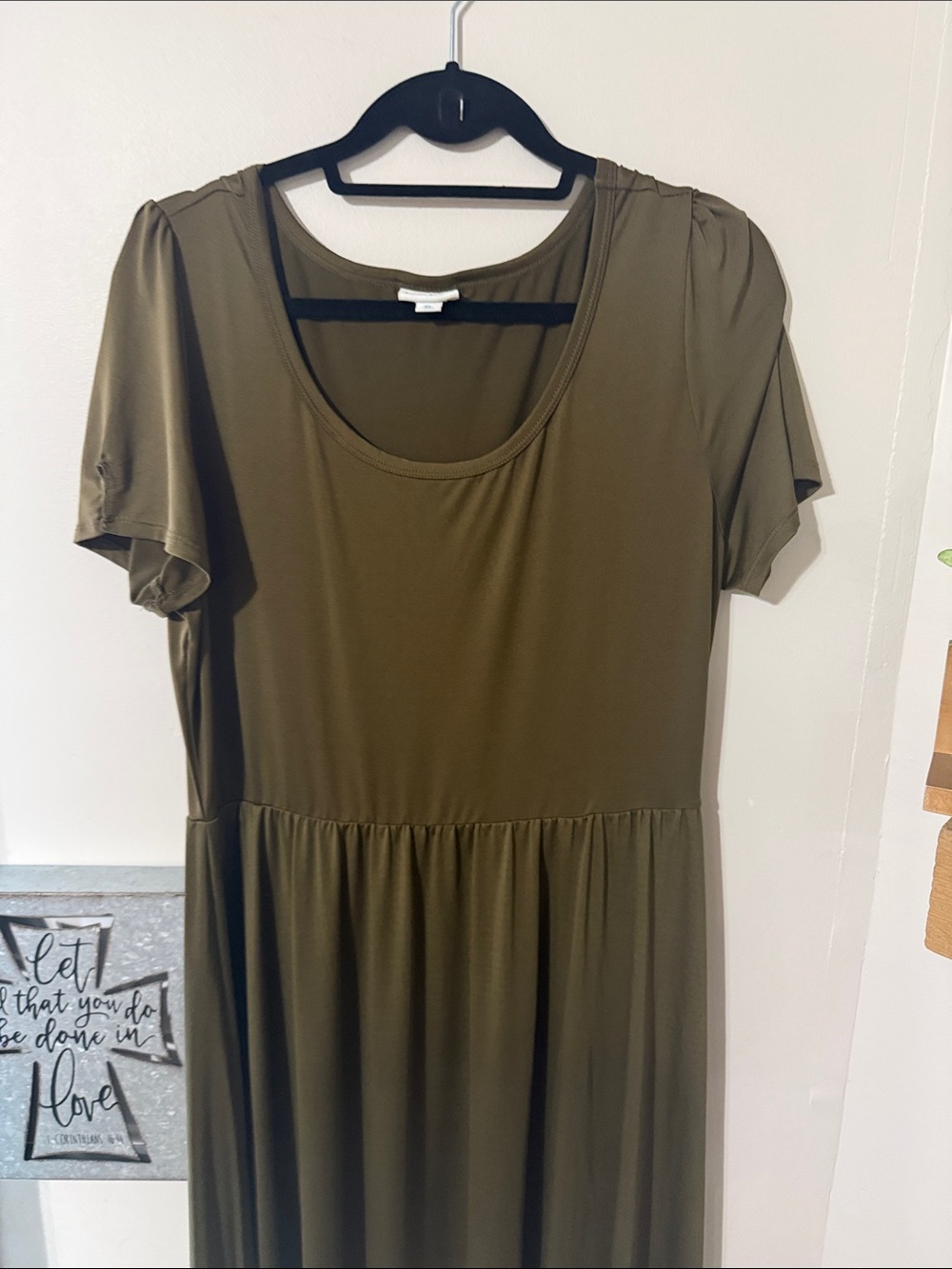LuLaRoe Olive Green Colorblock High-Low Midi Dress with Cream and Brown Panels - Picture 3 of 5